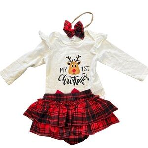 Festive Christmas Outfit with Plaid Skirt and Bow Size 12-18 months NWOT